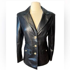 7 For All Mankind Faux Leather Black Blazer Women's w/Gold Buttons Size Large